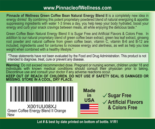 Green Coffee Bean Natural Energy Blend II Powder – Citrus Orange Flavor – 30 Servings – 3.2oz (90g) - Sugar Free Drink Mix – No Artificial Flavors or Colors